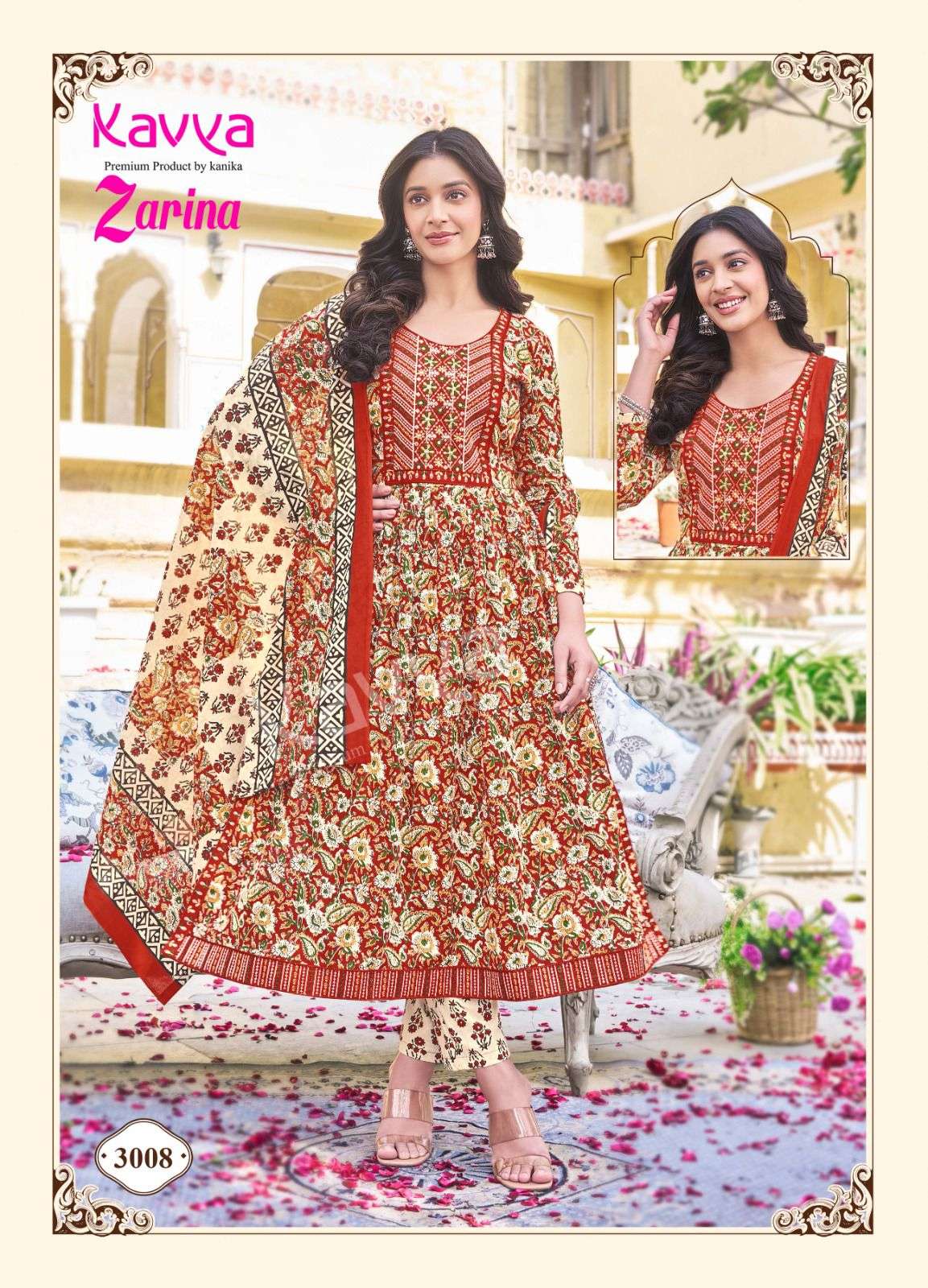 ZARINA VOL 3 MAL COTTON +EMBRODERYWORK KURTI WITH COTTON PANT AND MAL DUPATTA BY KAVYA BRAND 3008 C